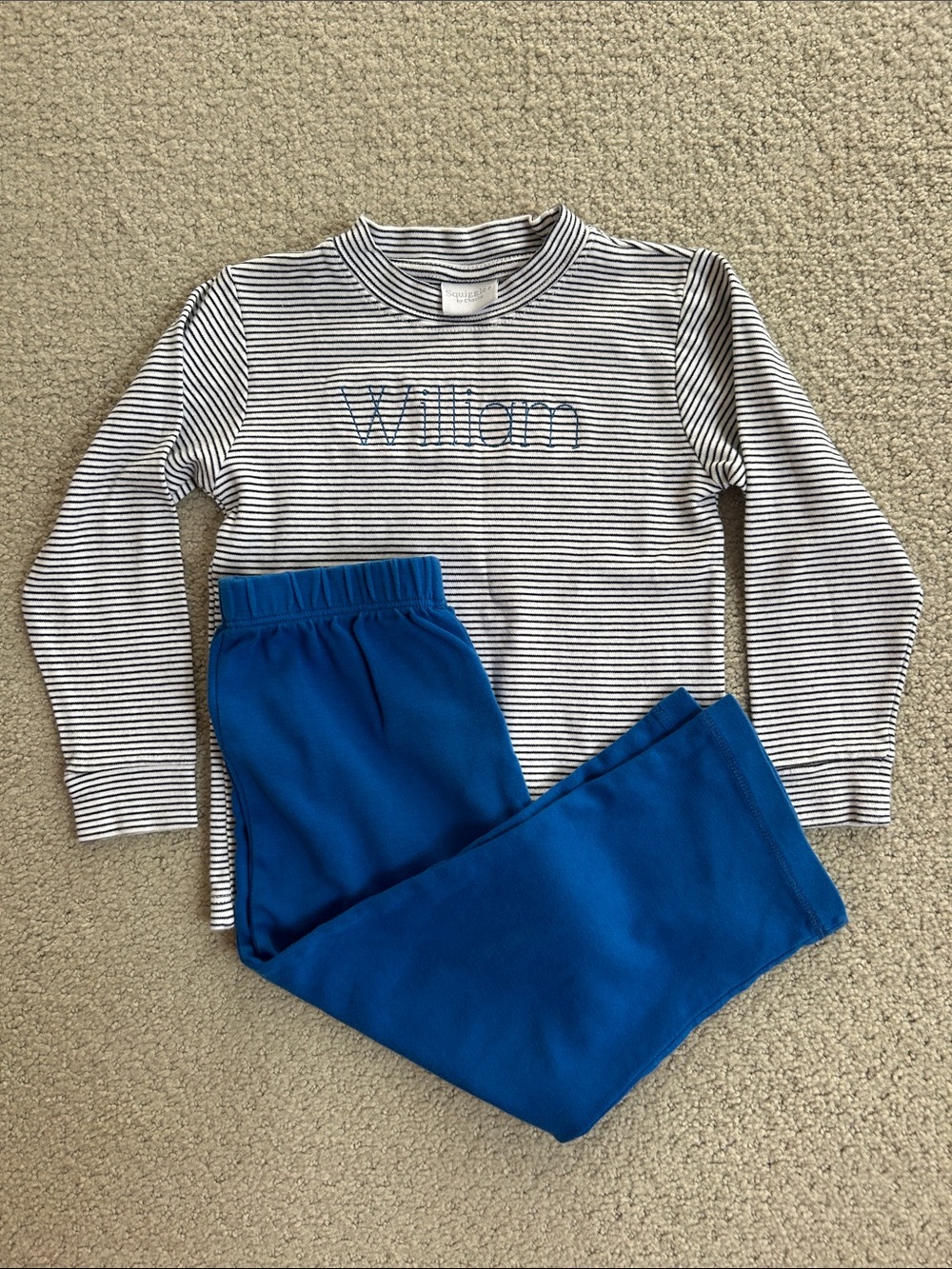 Squiggles Navy Striped Long Sleeve Short with “William” and matching Pants Set